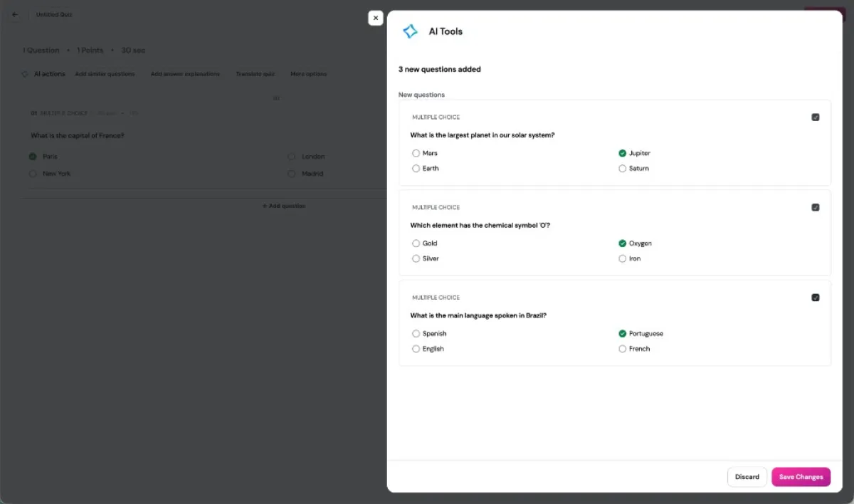 AI Tools slider showing 3 newly generated multiple choice questions about solar system planets, chemical symbols, and languages — with Save Changes and Discard buttons