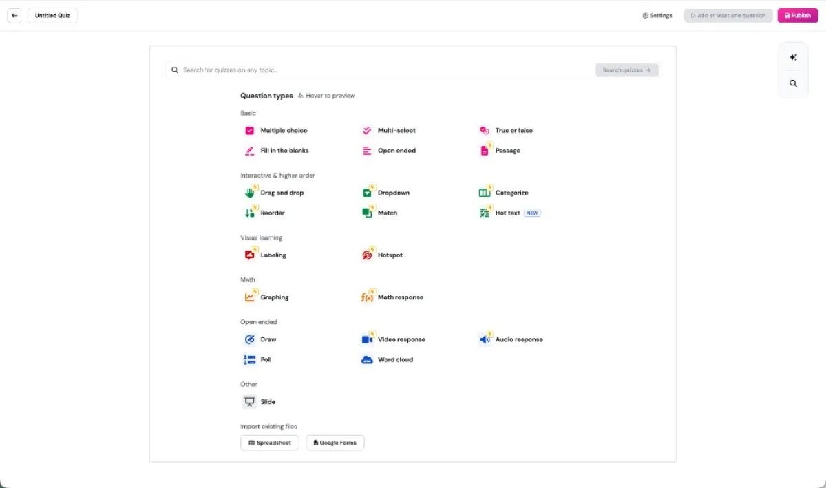 Question type picker showing categories: Basic (Multiple choice, Multi-select, True or false, Fill in blanks, Open ended, Passage), Interactive (Drag and drop, Dropdown, Categorize, Reorder, Match, Hot text), Visual learning (Labeling, Hotspot), Math (Graphing, Math response), Open ended (Draw, Video response, Audio response, Poll, Word cloud)